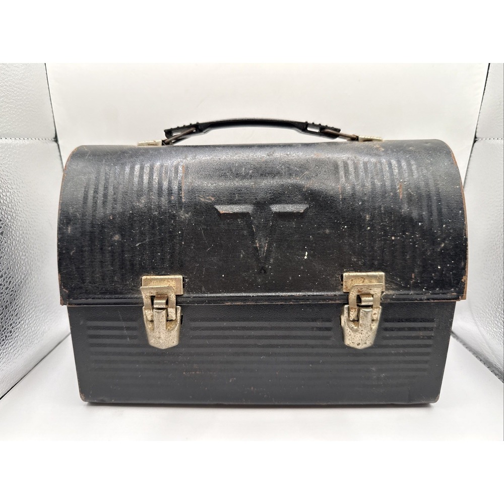 Vtg MCM Thermos black metal dome lunch box handle Industrial V Victory 60s Retro